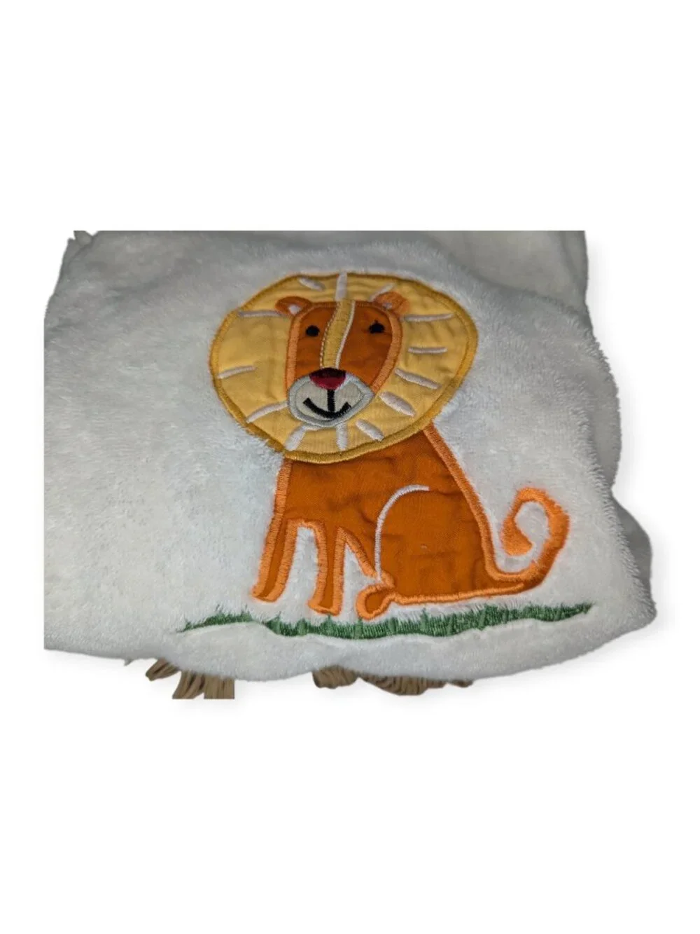 Embroidered Applique Lion Baby Bath Standard Size Towel Orange Lion Tan Fringe
